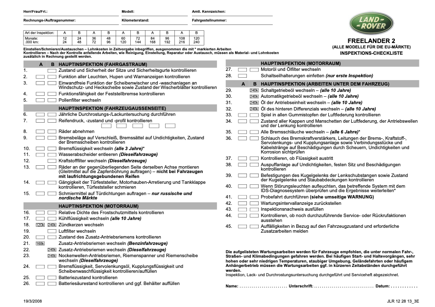 LR2 Service-Checkliste